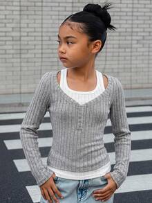 SHEIN Tween Girls Patchwork Ribbed Long Sleeve Grey T-Shirt - Grey - View 3