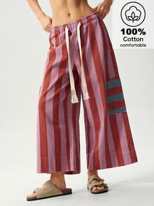 Bohemela Casual Woven Striped Loose Wide Leg Women's Long Pants - Multicolor - View 1