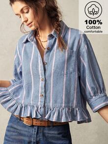 Bohemela Women'S Striped Pattern Button Placket Ruffle Hem Pocket Denim Top Vacation Blue Pink Summer Casual Boho Picnic Going Out Tops Autumn Outfit - Medium Wash - View 1