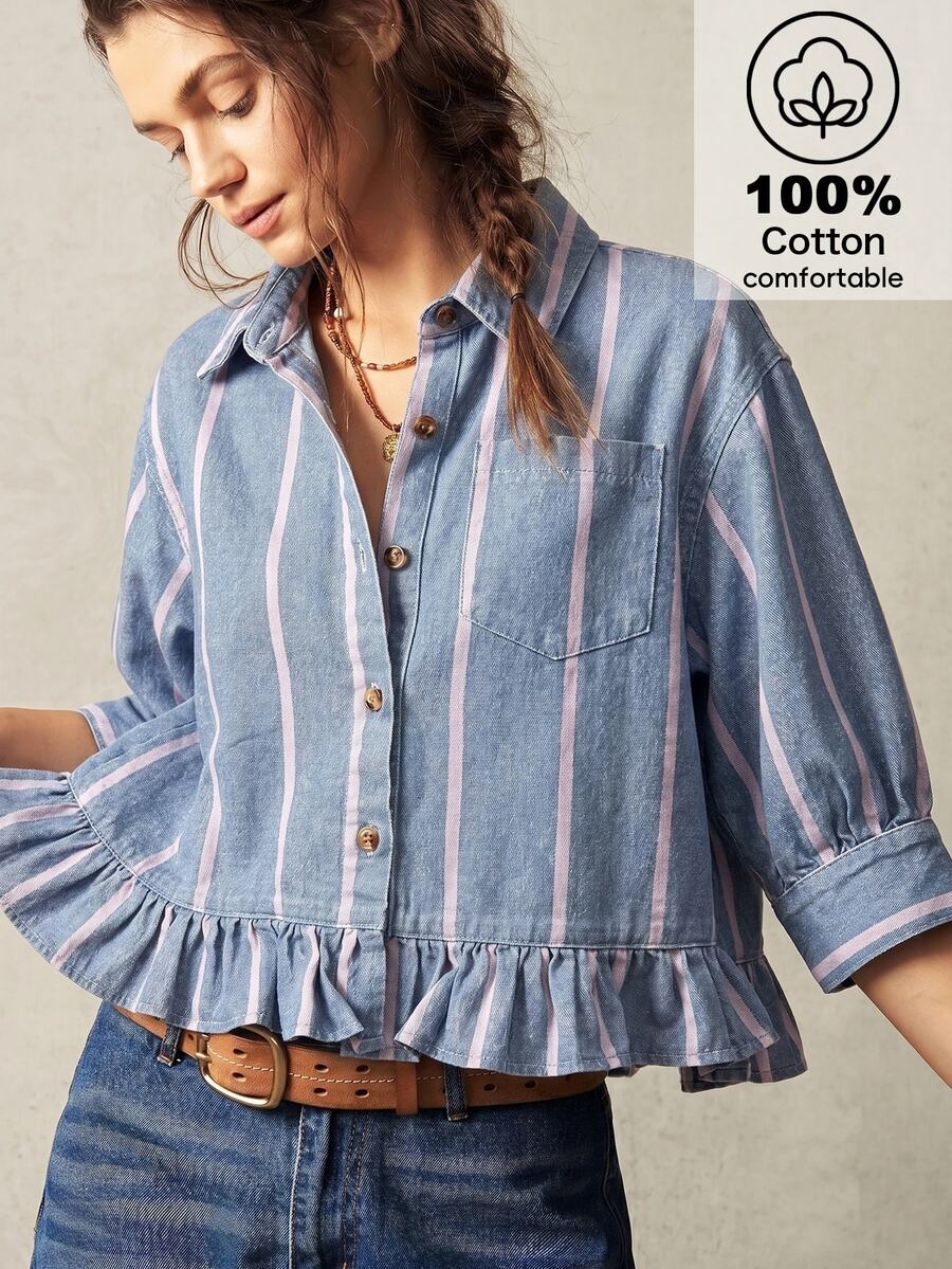 Bohemela Women'S Striped Pattern Button Placket Ruffle Hem Pocket Denim Top Vacation Blue Pink Summer Casual Boho Picnic Going Out Tops Autumn Outfit - Medium Wash - View 1