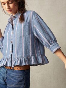 Bohemela Women'S Striped Pattern Button Placket Ruffle Hem Pocket Denim Top Vacation Blue Pink Summer Casual Boho Picnic Going Out Tops Autumn Outfit - Medium Wash - View 6