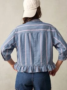 Bohemela Women'S Striped Pattern Button Placket Ruffle Hem Pocket Denim Top Vacation Blue Pink Summer Casual Boho Picnic Going Out Tops Autumn Outfit - Medium Wash - View 2