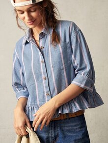 Bohemela Women'S Striped Pattern Button Placket Ruffle Hem Pocket Denim Top Vacation Blue Pink Summer Casual Boho Picnic Going Out Tops Autumn Outfit - Medium Wash - View 5