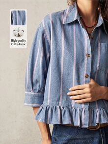 Bohemela Women'S Striped Pattern Button Placket Ruffle Hem Pocket Denim Top Vacation Blue Pink Summer Casual Boho Picnic Going Out Tops Autumn Outfit - Medium Wash - View 7