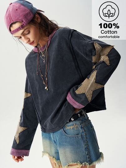 Bohemela Maglietta casual in maglia con blocchi di colore, girocollo, maniche lunghe, vestibilità ampia da donna
