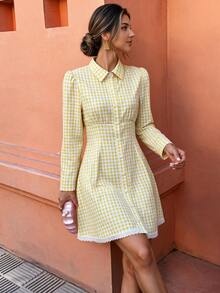 Flora Isola Flora Isola White And Yellow Lace Trim Button Front Shirt Dress Brunch Picnic Autumn French Cute - Yellow - View 1