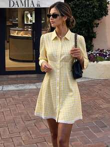 Flora Isola Flora Isola White And Yellow Lace Trim Button Front Shirt Dress Brunch Picnic Autumn French Cute - Yellow - View 7