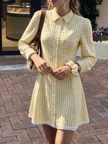 Flora Isola Flora Isola White And Yellow Lace Trim Button Front Shirt Dress Brunch Picnic Autumn French Cute - Yellow - View 8