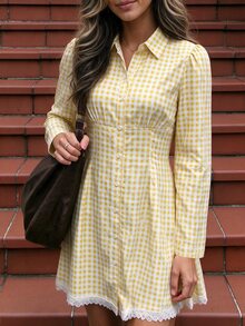 Flora Isola Flora Isola White And Yellow Lace Trim Button Front Shirt Dress Brunch Picnic Autumn French Cute - Yellow - View 3