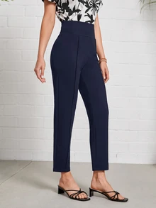 Medorina High Waist Press Crease Tailored Pants - Navy Blue - View 5