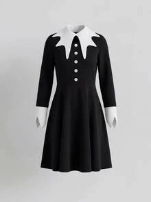 SHEIN 女童可愛黑色優雅領口長袖洋裝黑色裙子返校穿搭服飾萬聖節 - 黑色 - 查看 4