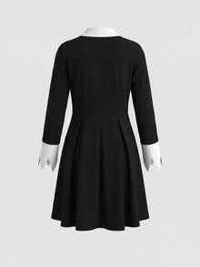 SHEIN 女童可愛黑色優雅領口長袖洋裝黑色裙子返校穿搭服飾萬聖節 - 黑色 - 查看 5
