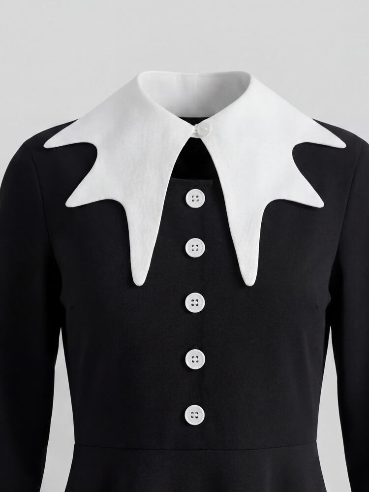 SHEIN Young Girl Cute Black Elegant Collar Long Sleeve Dress Black Skirt Back To School Clothes Girls Halloween - Black - View 7