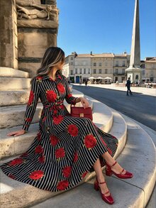 Flora Isola Flora Isola French Vacation Striped Black And White Striped Rose Print Dress Vacation Party Autumn 60s 70s - Multicolor - View 5