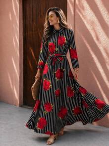 Flora Isola Flora Isola French Vacation Striped Black And White Striped Rose Print Dress Vacation Party Autumn 60s 70s - Multicolor - View 1