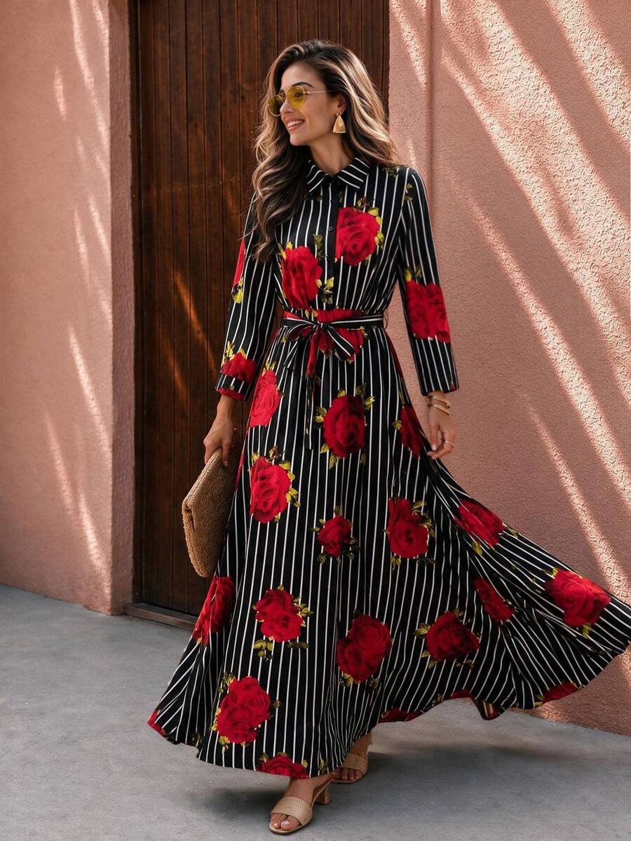 Flora Isola Flora Isola French Vacation Striped Black And White Striped Rose Print Dress Vacation Party Autumn 60s 70s - Multicolor - View 1