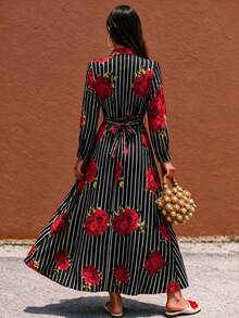 Flora Isola Flora Isola French Vacation Striped Black And White Striped Rose Print Dress Vacation Party Autumn 60s 70s - Multicolor - View 6