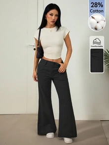 SHEIN PETITE 新款夏季低腰休閒個性西裝長褲 教師節辦公商務黑白款 - 黑色 - 查看 6