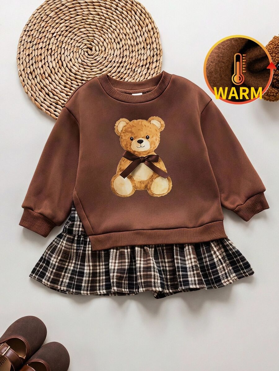 SHEIN Young Girl Knitted Solid Color Patchwork Woven Plaid Hem Round Neck Casual Dress - Multicolor - View 1