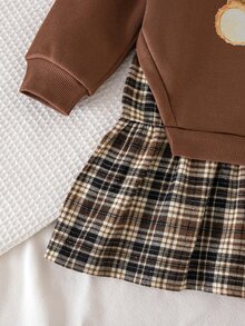 SHEIN 女童針織素色拼接編織格紋下擺圓領休閒洋裝 - 彩色 - 查看 3