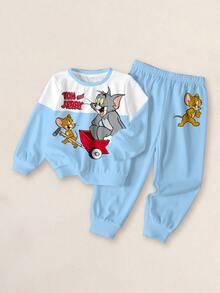 TOM & JERRY X SHEIN 小男孩字母卡通圖案長袖運動衫與運動長褲休閒日常套裝 - 白色 - 查看 3