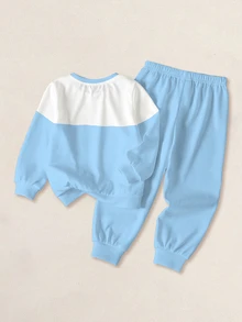 TOM & JERRY X SHEIN 小男孩字母卡通圖案長袖運動衫與運動長褲休閒日常套裝 - 白色 - 查看 2