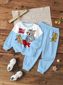 TOM & JERRY X SHEIN 小男孩字母卡通圖案長袖運動衫與運動長褲休閒日常套裝 - 白色 - 查看 9