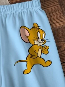 TOM & JERRY X SHEIN 小男孩字母卡通圖案長袖運動衫與運動長褲休閒日常套裝 - 白色 - 查看 7