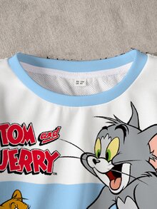 TOM & JERRY X SHEIN 小男孩字母卡通圖案長袖運動衫與運動長褲休閒日常套裝 - 白色 - 查看 4