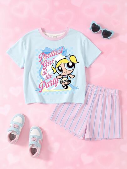 THE POWERPUFF GIRLS X SHEIN Cartoon Print T-Shirt & Striped Shorts 2pcs Set For Young Girls