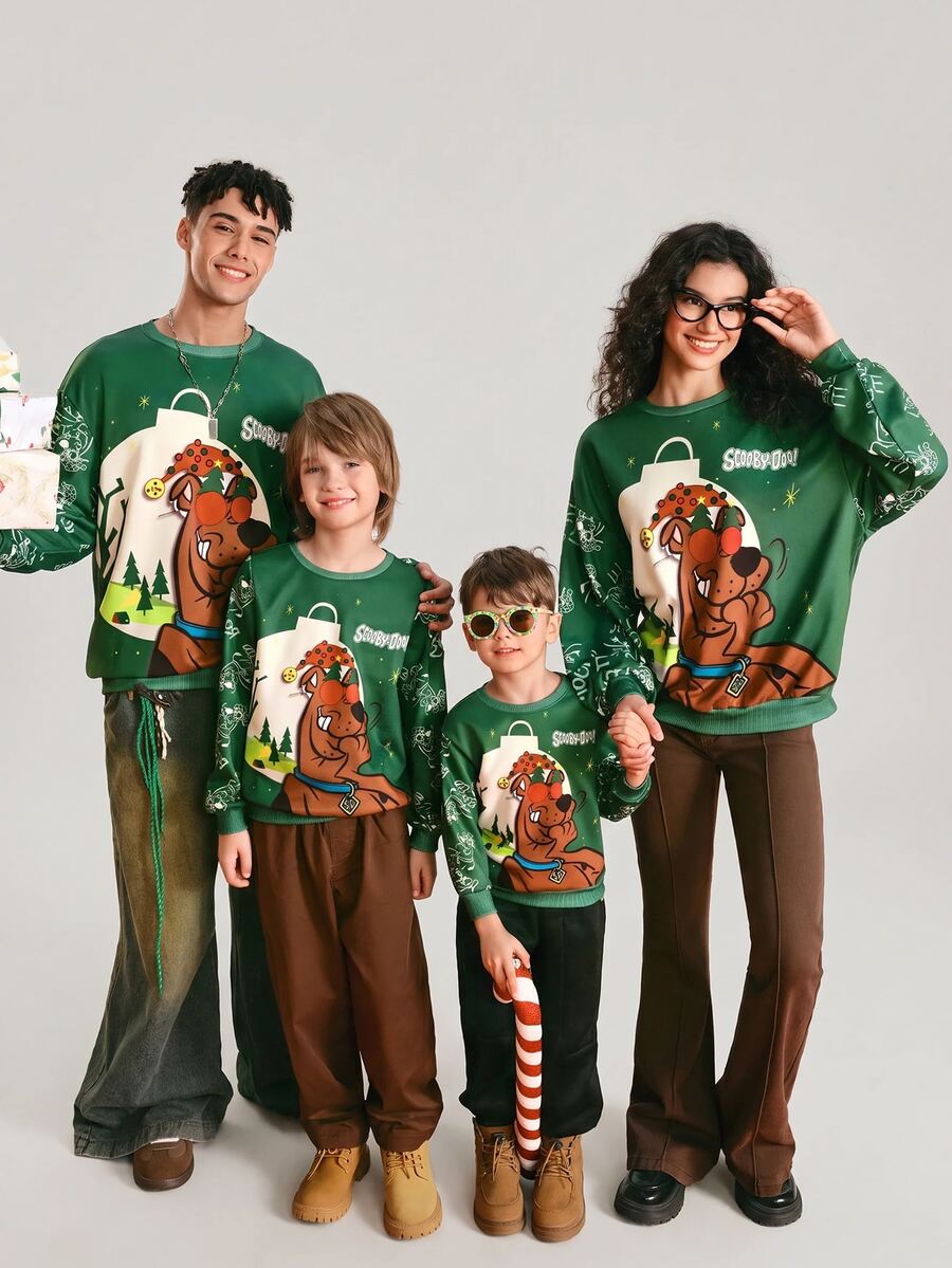 SCOOBY-DOO X SHEIN Tween Boy Christmas Cartoon Pattern Crew Neck Long Sleeve Sweatshirt Fall Winter - Green - View 1