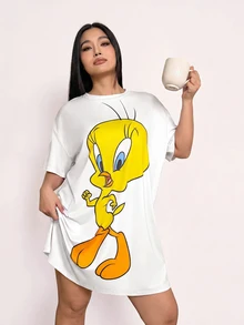 LOONEY TUNES X SHEIN 大码休闲卡通图案圆领落肩睡裙，夏季 - 白色 - 查看 1