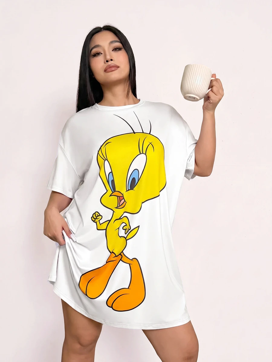 LOONEY TUNES X SHEIN 大码休闲卡通图案圆领落肩睡裙，夏季 - 白色 - 查看 1