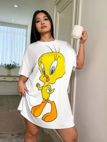LOONEY TUNES X SHEIN 大码休闲卡通图案圆领落肩睡裙，夏季 - 白色 - 查看 3