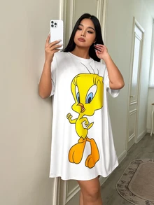 LOONEY TUNES X SHEIN 大码休闲卡通图案圆领落肩睡裙，夏季 - 白色 - 查看 4