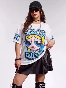 THE POWERPUFF GIRLS X SHEIN Plus Size Summer Casual Letter & Cartoon Graphic Round Neck Short Sleeve T-Shirt - Blue and White - View 1