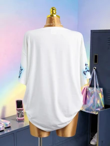 THE POWERPUFF GIRLS X SHEIN Plus Size Summer Casual Letter & Cartoon Graphic Round Neck Short Sleeve T-Shirt - Blue and White - View 2