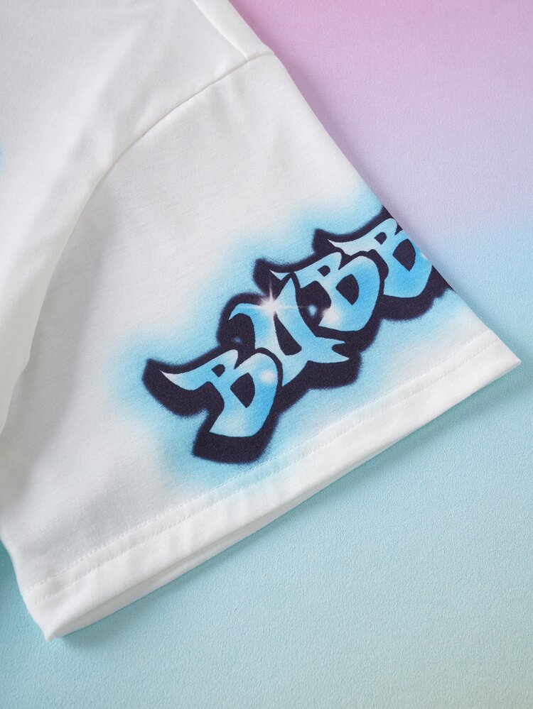 THE POWERPUFF GIRLS X SHEIN Plus Size Summer Casual Letter & Cartoon Graphic Round Neck Short Sleeve T-Shirt - Blue and White - View 6