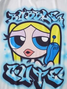 THE POWERPUFF GIRLS X SHEIN Plus Size Summer Casual Letter & Cartoon Graphic Round Neck Short Sleeve T-Shirt - Blue and White - View 5