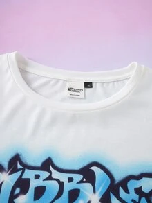 THE POWERPUFF GIRLS X SHEIN Plus Size Summer Casual Letter & Cartoon Graphic Round Neck Short Sleeve T-Shirt - Blue and White - View 4