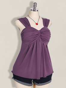 SHEIN ICON 大码女式黑色扭结前襟无袖娃娃衫针织上衣，Y2K风格，适合毕业季/返校季，可爱夏季上衣 - 紫色 - 查看 4