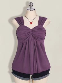 SHEIN ICON 大码女式黑色扭结前襟无袖娃娃衫针织上衣，Y2K风格，适合毕业季/返校季，可爱夏季上衣 - 紫色 - 查看 6