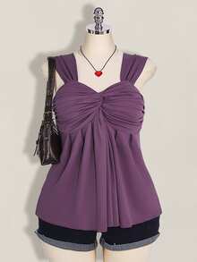 SHEIN ICON 大码女式黑色扭结前襟无袖娃娃衫针织上衣，Y2K风格，适合毕业季/返校季，可爱夏季上衣 - 紫色 - 查看 1