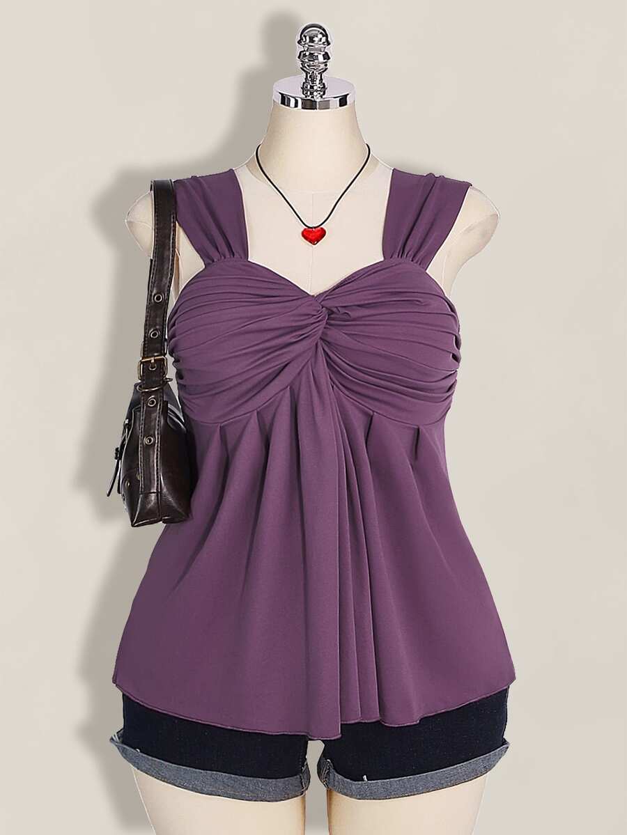SHEIN ICON 大码女式黑色扭结前襟无袖娃娃衫针织上衣,Y2K风格,适合毕业季/返校季,可爱夏季上衣 - 紫色 - 查看 1