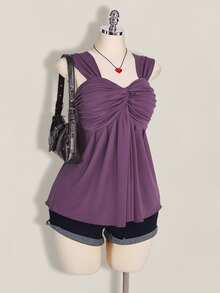 SHEIN ICON 大码女式黑色扭结前襟无袖娃娃衫针织上衣，Y2K风格，适合毕业季/返校季，可爱夏季上衣 - 紫色 - 查看 3