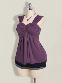 SHEIN ICON 大码女式黑色扭结前襟无袖娃娃衫针织上衣，Y2K风格，适合毕业季/返校季，可爱夏季上衣 - 紫色 - 查看 7