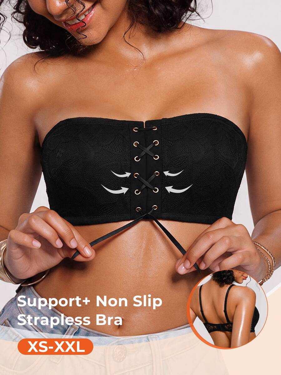 Bareli Dear Women's Black Wireless Sexy Lace Comfortable Bandeau Half Cup Push-Up Strappy Bra, 1pc - Black - View 1