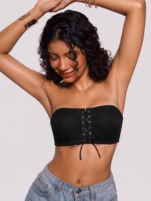 Bareli Dear Women's Black Wireless Sexy Lace Comfortable Bandeau Half Cup Push-Up Strappy Bra, 1pc - Black - View 7