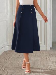 Medorina High Waist Button Detail Flare Skirt - Navy Blue - View 6