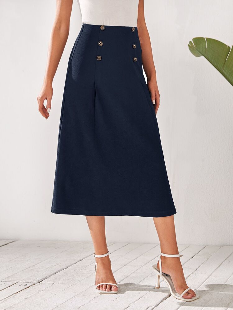 Medorina High Waist Button Detail Flare Skirt - Navy Blue - View 3